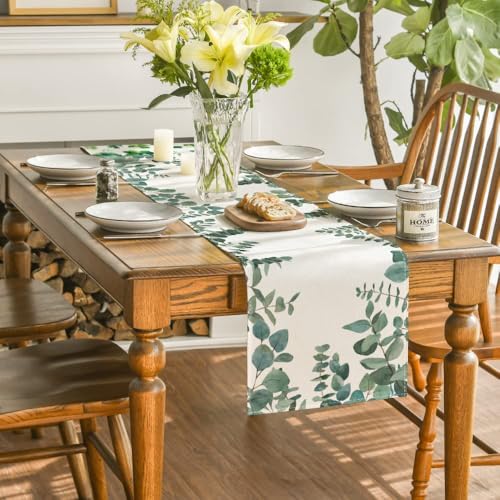Artoid Mode Eucalyptus Leaves Summer Table Runner, Seasonal Spring Kitchen Dining Table Decoration for Home Party Decor 40x180 cm, Green - Image 5
