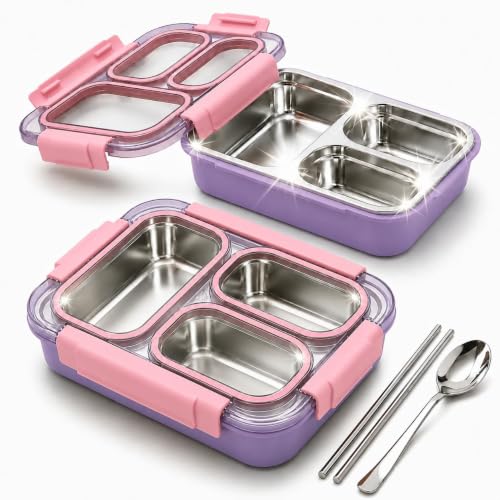 Image of Sanghariyat Bento Pro Lunch Box 710ml, 3 Compartment Stainless Steel Lunch Box with 100% Leak-Proof, BPA-Free Food-Grade Lunch Container with Spoon & Pair of Chopsticks for School Girls Kids - Purple