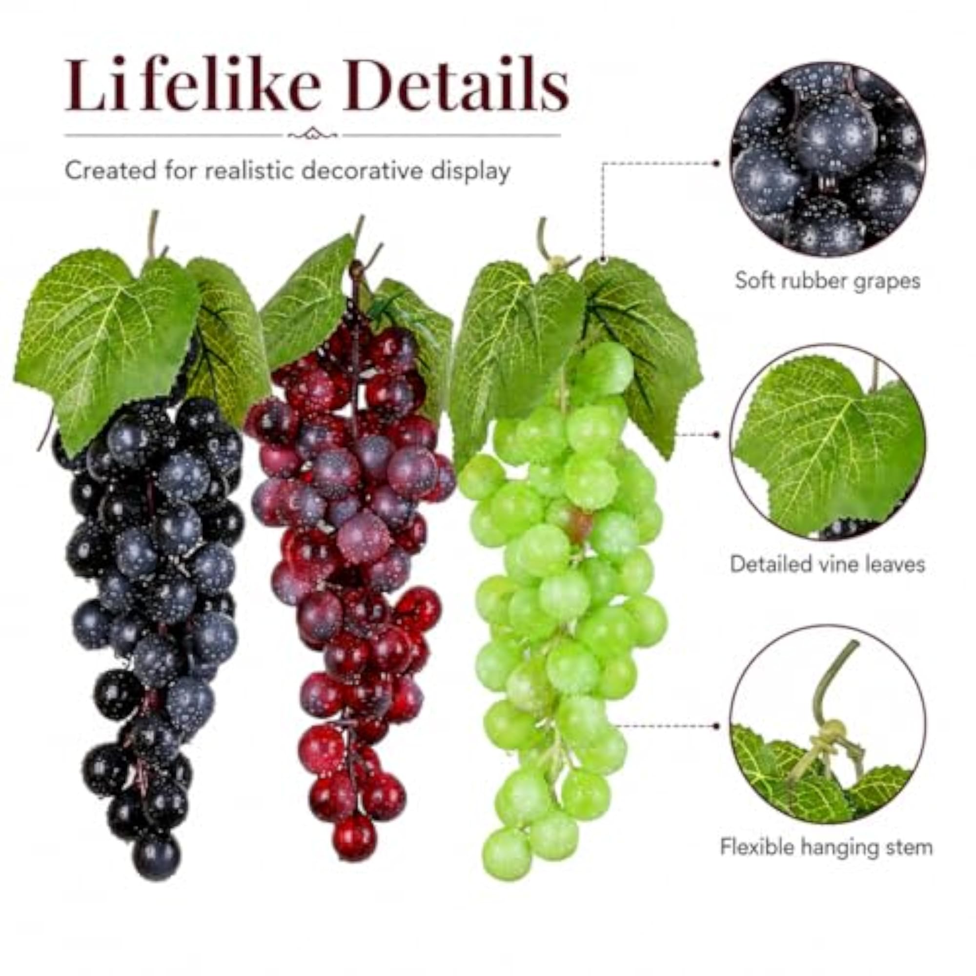 3 Bunches Artificial Grape, Lifelike Decorative Fruit