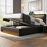 BXEYXE Lit rembourré 140 x 190 cm. Avec Port USB (supporte le chargement sans fil et filaire). Avec éclairage LED et Espace de Rangement. sans matelas. Diseño de ychee de poliuretano. Noir