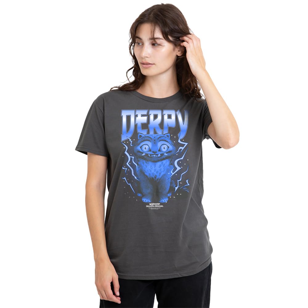 Kpop Demon Hunters Womens Derpy Tiger Lightning Band Tee Ladies Shirt, Charcoal, Charcoal, M UK