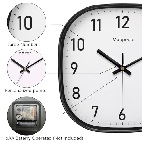 Image of 14Inch Wall Clock, Black Square Silent Non Ticking Analog Clock