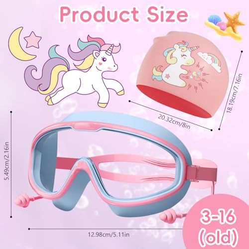Image of PROBEROS Swimming Cap and Goggles Set for Kids, Anti Fog, Unicorn Pink | Clear Underwater Vision, Soft Silicone Cap, Flexible Seal, Adjustable Fit, Pool Practice, Beginner Friendly, Easy Rinse Care