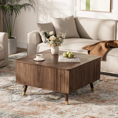 Image of JOINICE Square Lift Top Coffee Table with Storage for Living Room,Walnut | 32 inch Multi-functional Pop Up Center Table,Large Hidden Compartments with Solid Wood Legs,Lift to 23 inch,Hold 100lbs,Easy Assembly