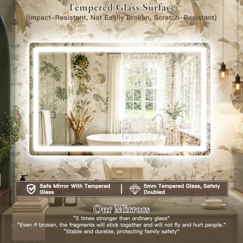 Image of 48 inch x 30 inch Led Bathroom Mirror with Lights, Anti-Fog & Tri-Color Lighting - Wall Mounted Shaving Mirror with Touch Sensor, Waterproof & Smart LED Vanity Mirror,Tempered Glass, Dimmable Smart Mirror