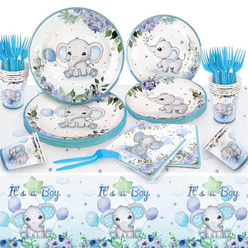 121Pcs Elephant Baby Shower Decorations Baby Shower Decorations Boy Includes Paper Plate, Napkins,...