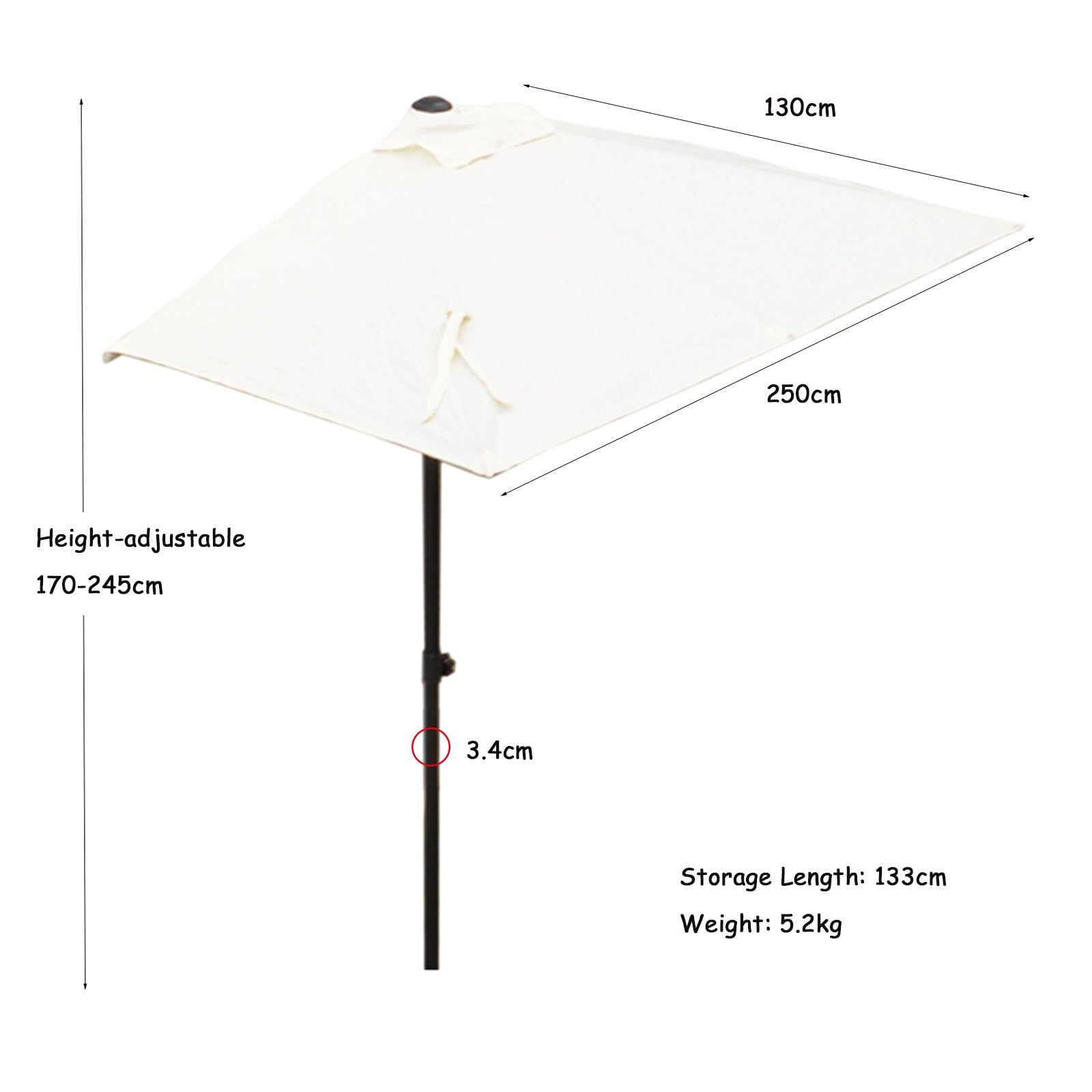 Prostokątny parasol tarasowy z 5 żebrami i stalowym drążkiem, przenośne półparasole na zewnątrz, odporny na słońce, wodoodporny parasol ogrodowy, duży, poliester, do ogrodu, na podwórko,
