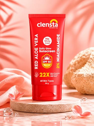 Image of Clensta Red Aloe Vera Daily Glow Sunscreen For All Skin Types SPF 50 PA++++ | No White Cast With Red Aloe Vera & 2% Niacinamide, Lightweight, For Sun Protection & Glow - 50 G