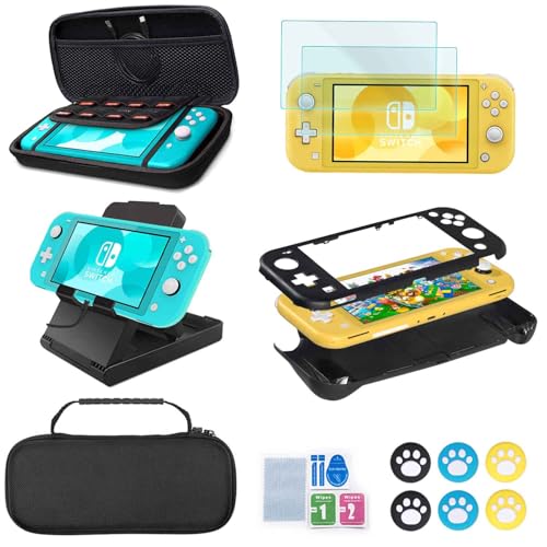 Accessories Kit for Nintendo Switch Lite - YOOWA Accessories Bundle with Carrying Case Protective Cover case and 2-Pack Tempered Glass Screen Protector, Adjustable Play Stand, 6 Thumb Grips
