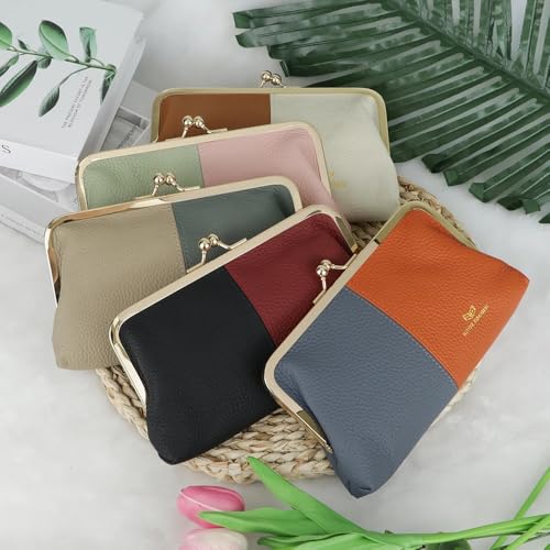 RFID Contrast Women's Clutch Purse, Genuine Cow Leather Wallet with Kiss Lock, Multi-card Slots Card Holder 1868 (Green Pink)2