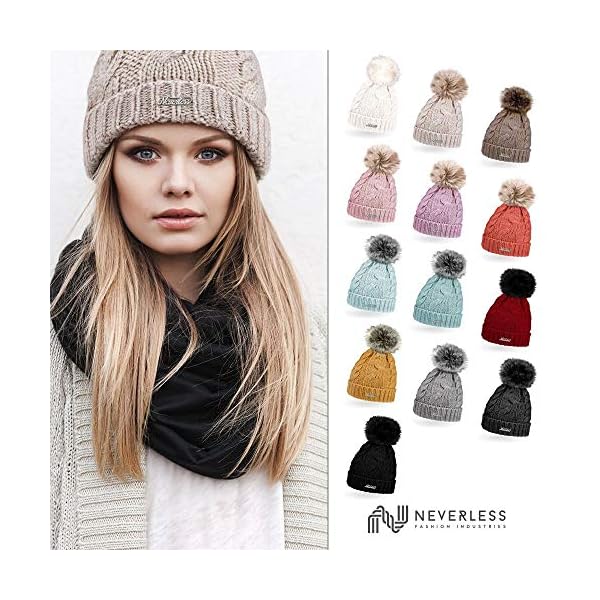 Neverless® gefütterte Damen Strickmütze mit Fell-Bommel und Fleece Futter, Winter-Mütze, Bommelmütze – Bild 3