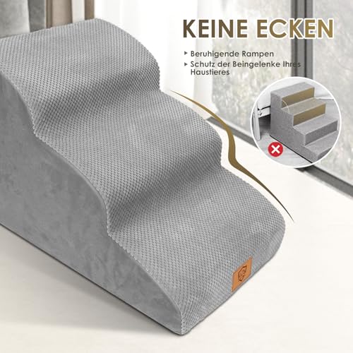 Thihome Hundetreppe für Kleine Hunde, Wasserdicht 3 Stufen Haustiertreppe aus Hochdichtem Schwamm, Abnehmbar Hunderampe mit Waschbar Bezug für Sofa Bett, Grau