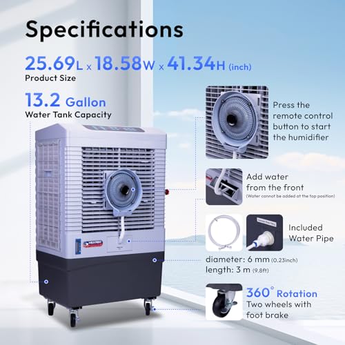 Image of Hexago 5000 CFM Evaporative Air Cooler, Swamp Cooler With Mist, 13.2 Gal Tank, Remote, 15H Timer, Oscillation, 3 Speeds, Portable swamp cooler for Garage, Patio, Commercial Use, ETL Safety Listed
