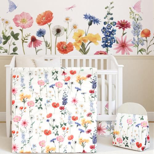 Image of Oudain 4 Piece Spring Flower Crib Bedding Set Including Spring Wild Flower Crib Skirt, Blanket, Sheet and Diaper Stacker, Soft Neutral Nursery Standard Size Baby Bedding for Baby Girls and Boys