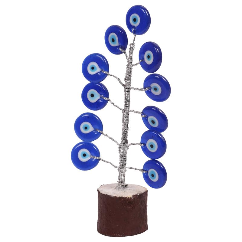 Image of Evil Eye Protection Tree Decor for Home & Office | Nazar Suraksha Blue Eye Tree Stand with Wooden Base | Feng Shui Vastu Positive Energy & Protection Showpiece