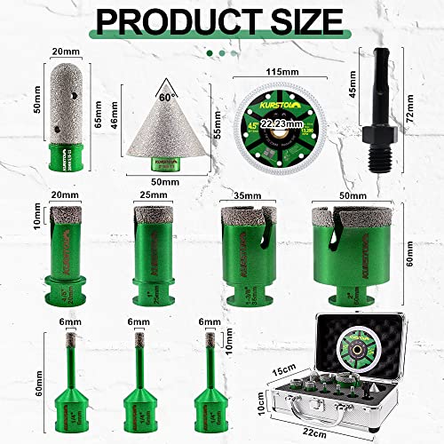 Kurstol Diamond Core Drill Bits Kit - 6/6/6/20/25/35/50Mm+2" Beveling Chamfer Bit+3/4" Finger Milling Bit+Sds Adapter To 58-11" Thread+4.5" Cutting Disc For Porcelain Ceramic Tile Granite Marble #TOP1