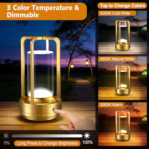 Image of Portable Table Lamp for Outdoor Indoor: Cordless Rechargeable Desk Lamp with 3 Color Stepless Dimmable - Metal Battery Operated Lantern Light for Bedroom /Bar /Coffee Shop /Camping (Gold (2 Pack))