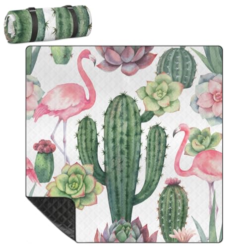 Shimoshe Extra Large Picnic Blankets 79”x 79”, Cactus Flamingo Waterproof Foldable Picnic Mat with Straps Portable Beach Blanket for Camping Park Grass Beach Indoor