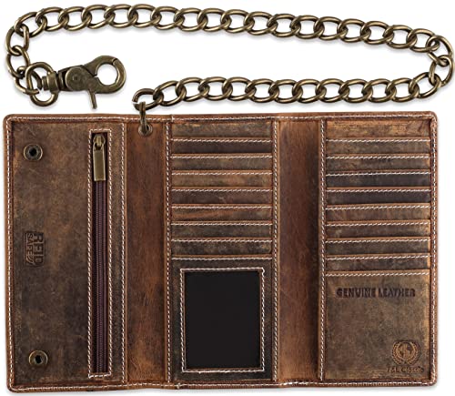 Image of F&L CLASSIC Chain Wallets for Men buffalo premium leather RFID blocking long style Tri-fold for Trucker, bikers, vintage look,buff hunter White stitching,212