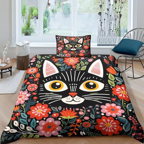 Housse de couette fleurs et chat en microfibre premium 135x200