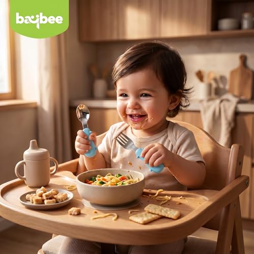 Image of Baybee Stainless Steel Baby Feeding Spoons Set of 2 | Bpa Free- Food Grade Self Feeding Training Utensil Spoon & Fork | Baby & Toddlers Gum Friendly Weaning Supplies for Kids 4 Months+ (Blue)