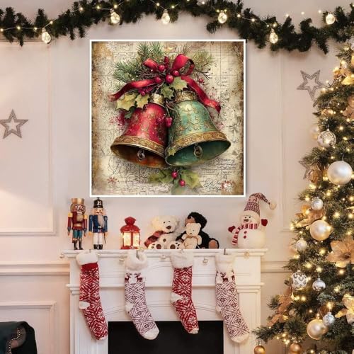 Image of Christmas Bell Stamped Cross Stitch Kits for Adults - Embroidery Kits for Beginners Adults,11 CT Patterns Dimensions Counted Cross Stitch Kits for Adults Arts Craft 14x14 inch