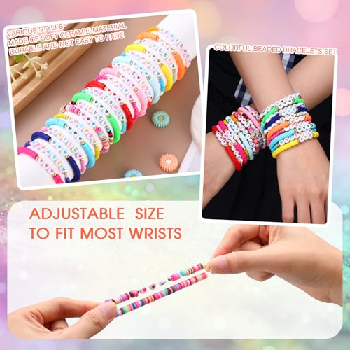 100 Pcs Beaded Friendship Bracelets Bulk Colorful Inspirational Stretch Bracelets Y2k Preppy Adjustable Jewelry for Rainbow Princess Women Beach Party Favor Gifts(Love Heart)2