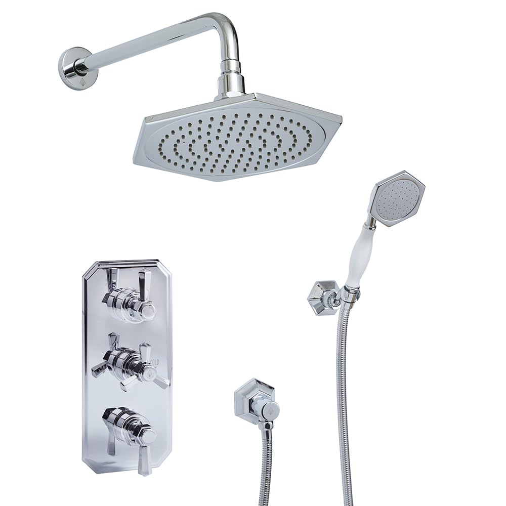 Milano Chrome Earlham Art Deco Triple Thermostatic Mixer Valve Shower Head Handset
