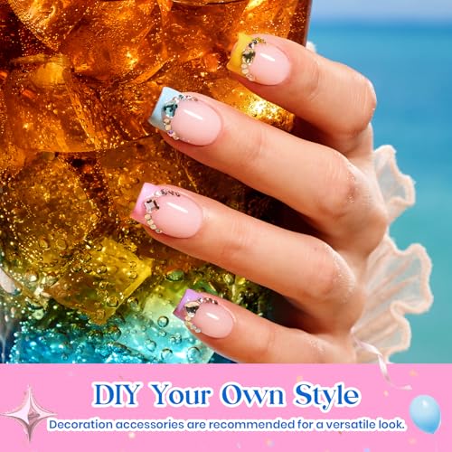 Image of Beetles Summer Press On Nails 224 Pcs 7 Colors, French Tip Nails Short Square Classic Fake Nail Tips, Rainbow Soft Nail Gel False Nails Art DIY For Women