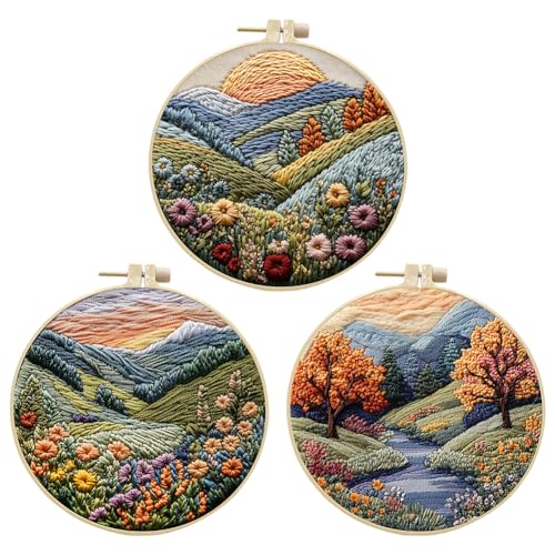 Image of EUBUY Landscape Embroidery Kits for Beginners, Embroidery Kits for Beginners Adults, Beginners Embroidery Starter Kit with Pattern, Needle Thread DIY Embroidery Material Kit