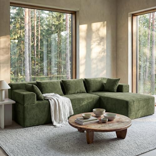 Image of MONVANE 106 inch Cloud Sectional Couch with L-Shaped Chaise, Modular Sectional Sofa with Deep Seat and Removable Armrests, Comfy Chenille Boneless Couches for Living Room, No Assembly Required, Green