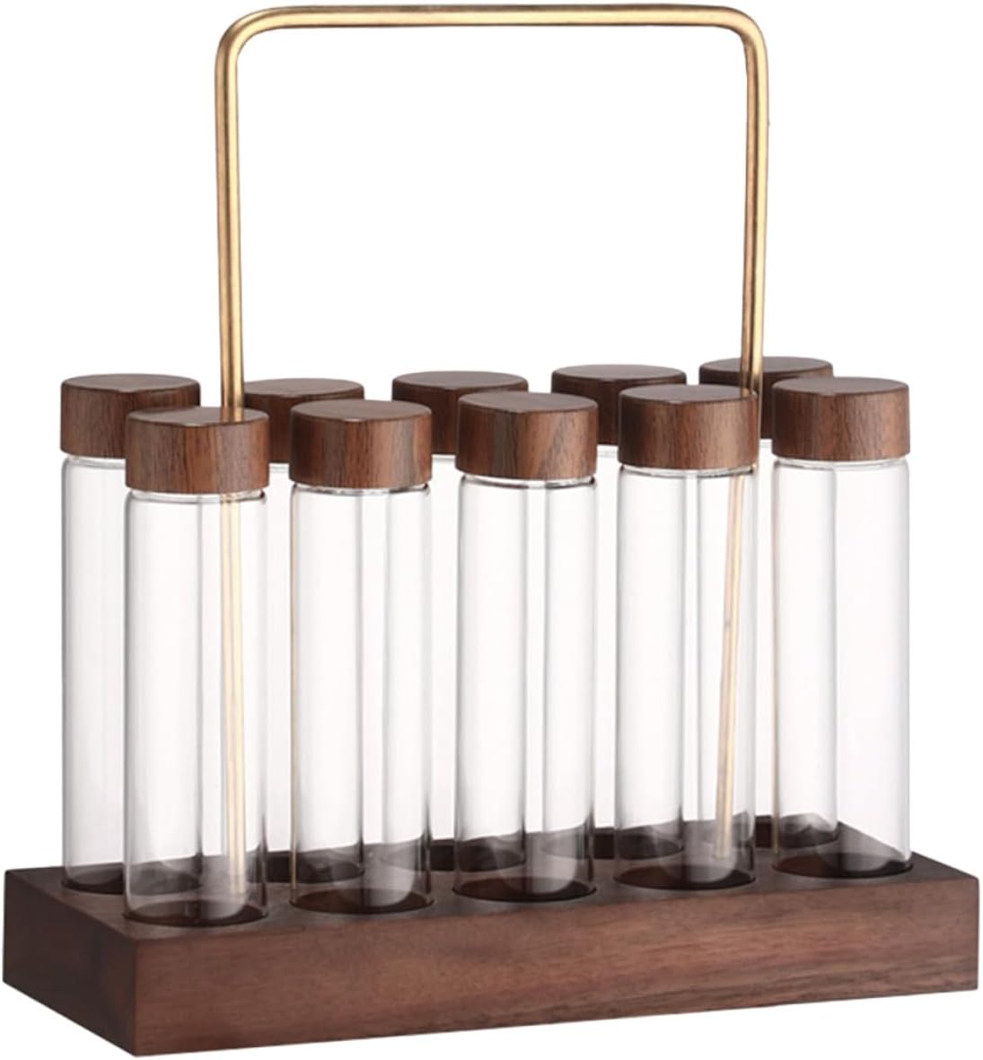 Glass Coffee Bean Storage Tubes Walnut Wood Display Stand Airtight Sealed Glass Canisters for Coffee Bean Preservation with 10 Holes for Home Use