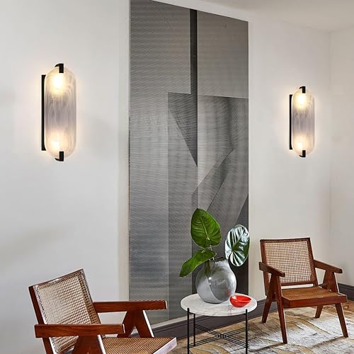 Image of 15.7 inch Art White Frosted Oval Glass Bathroom Modern Wall Sconce Fixture for Bedroom Hallway Bedside 2 Pack 2 Light Black Wall Sconce