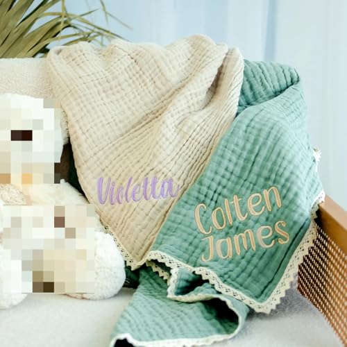 Personalized Blanket Customize Name 6 Layers Muslin Swaddle Wrap Cotton Baby Blankets Lace Receiving Blanket Newborn Bath Towel (Customized)2