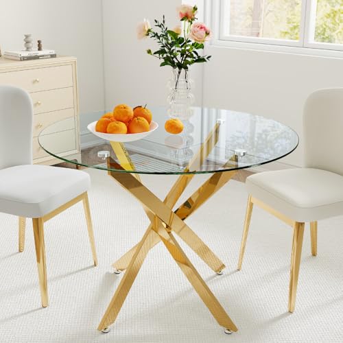 Zevemomo 35.5 Glass Dining Table for 4 Round Coffee Table with Tempered Glass Top Gold Metal Legs Modern Circle Glass Dinner Kitchen Table for Apartment Home Office