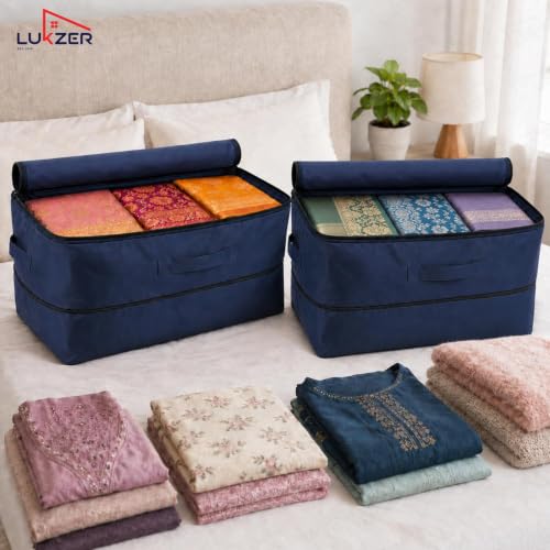 Image of Lukzer 6PC Expandable Self Compression Storage Bag for Clothes, Sarees, Blankets, Comforters & Bedding | 2 Layer Large Capacity Space Saving Wardrobe Storage Organizer | No Vacuum Needed (Nylon /Blue)
