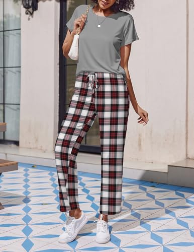 Image of Ekouaer 2 Pack Pajamas for Women Set Short Sleeve Pj Top and Printed Pants | Soft PJs Cozy Printed Lounge Sets Comfy Sleepwear with Pockets