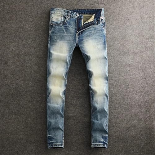Men's Fashion Retro Stretch Slim Fit Ripped Jeans Vintage Denim Pants2