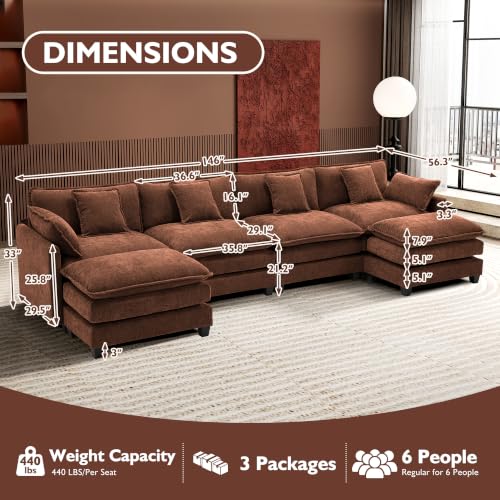 Image of Ihanherry 146 inch U-Shaped Modern Sofa Modular Sectional Luxurious and Comfortable with 2 Ottoman, 6-Seat Chenille Deep Seat Sofa with 6 Pillows for Living Room, Bedroom and Apartment, Brick Red