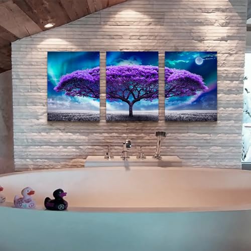 DZRWUBHS Canvas Wall Decor For Living Room Frame Wall Art For Bedroom Purple Tree Wall Painting Artworks Inspiration Wall Pictures For Office Modern Aurora Prints Dining Room Decorations 3 Pieces