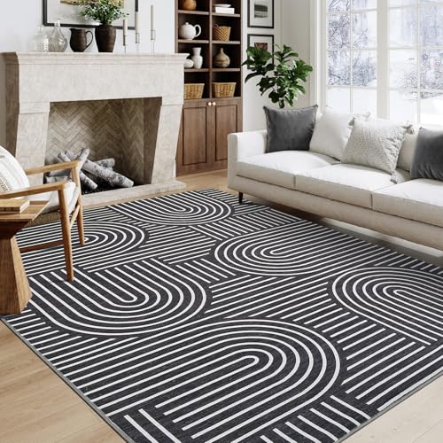 ROYHOME Washable Rug 5x7 Area Rugs for Living Room, Abstract Rug for Bedroom, Soft Rainbow Non Slip Throw Rugs with Rubber Back, Low Pile Stain Resistant Boho Geometric Carpet for Dining Room, Black
