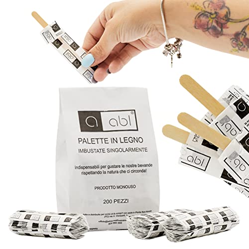 aabl Palette in Legno in Sacchetto di Carta - Palettine Monouso per Girare Zucchero Bevande e Caffe nei Bicchierini - 200 Singole Buste - Made in Italy