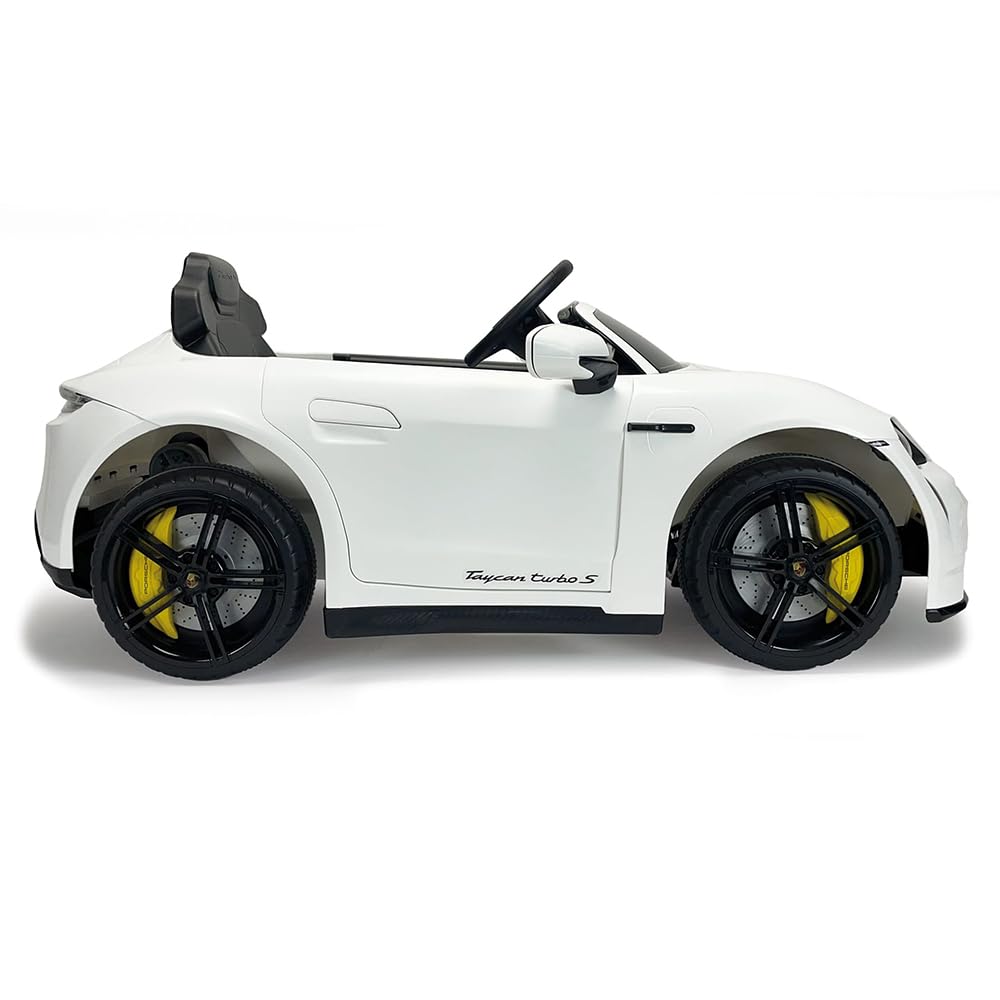 INJUSA Samochód elektryczny Porsche Taycan 12 V, dla dzieci w wieku od 2 do 4 lat, oświetlenie, hałas, bieg wsteczny, pilot zdalnego sterowania, akumulator i ładowarka w zestawie, 6 km/h, biały
