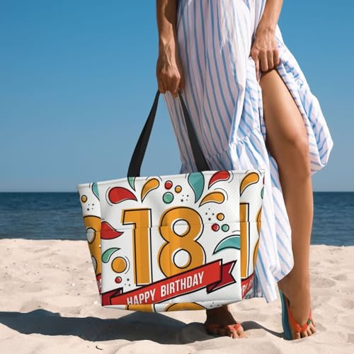 Happy Birthday Number 18 Greeting Card For Eighteen Year In Modern Flat Line Beach Bag Women Tote Bag Pool Bag With Zipper For Gym Grocery Travel With Wet Pocket4