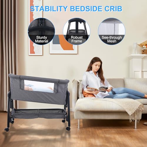 Kisdream® 3-in-1 Next to Me Crib: Baby Crib with Mattress | Co-Sleeper 5 Height Levels - Baby Cradle Folding Adjustable & Rocking - Bassinet with Wheels | Portable Cot & Bed for Travel - Image 3
