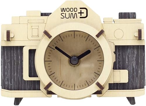 WOOD SUM Reloj con forma de cámara de rompecabezas 3D de madera totalmente funcional, color negro, kit de bricolaje para adultos