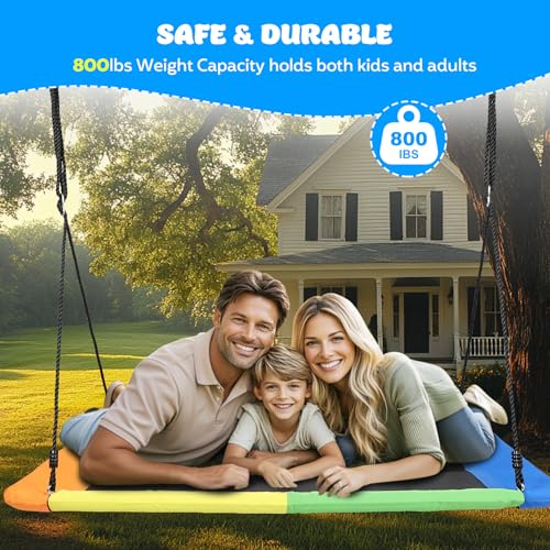 Image of 60 inch Rectangular Giant 800lbs Tree Swing for Kids and Adults,Waterproof & Durable,Heavy Duty Large Outdoor Tree Swing with 2 Hanging Straps