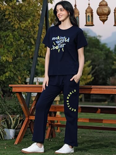 Image of ZEYO Night Suit for Womens Typography Printed Cotton Night Dress of Top and Wide Bottom Pyjama