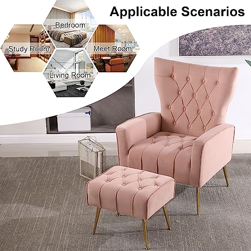 Oduwa Velvet Accent Chair With Ottoman,Modern Accent Chairs With Armrests And Backrest,Button Tufted Chair,Single Armchair With Ottoman For Living Room Bedroom Office #TOP5