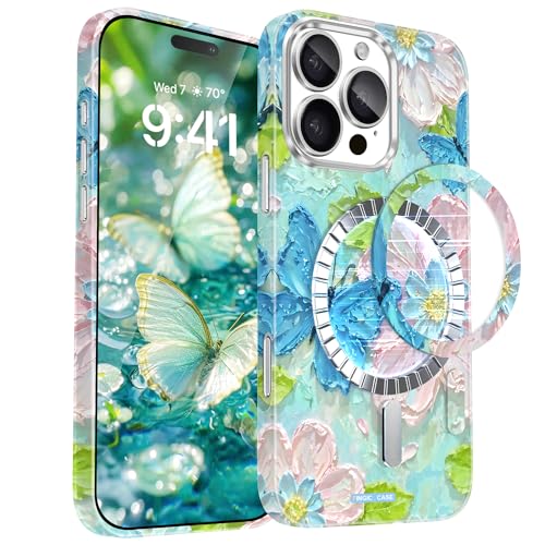 Coque iPhone 16 Pro Magsafe puissante antichoc fleur rose papillon bleu unique